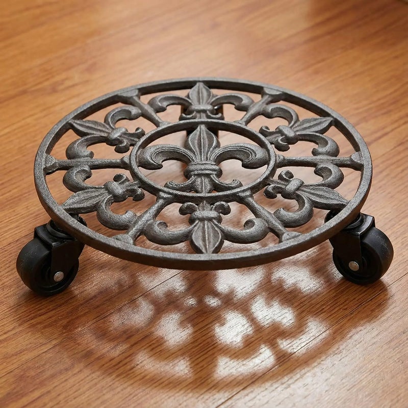 Comfy Hour Rustic Style Collection Cast Iron Spike Garden Plant Trolley Flowerpot Holder,11" with Heavy Duty Super Strong Industrial Strength Iron Wheels - Image 5